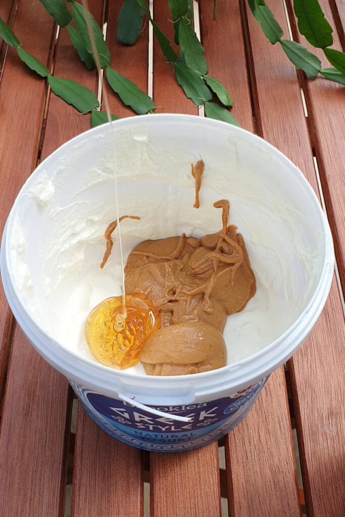 A white tub holds Greek yogurt, a scoop of peanut butter, and a dollop of honey. The mixture sits on a wooden table with green leaves above.