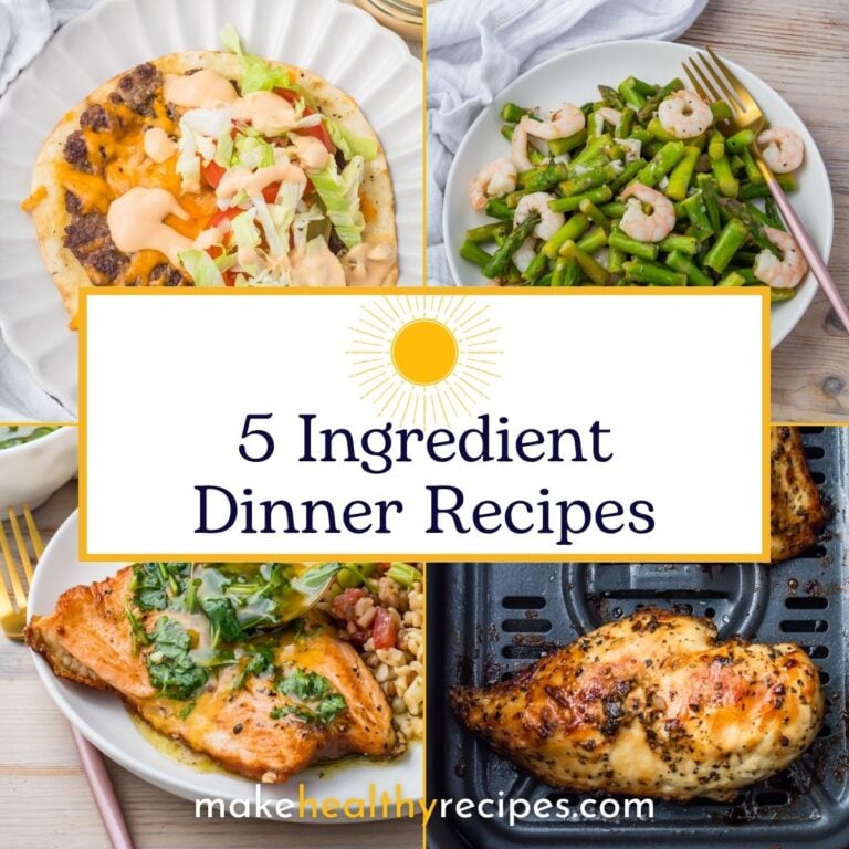 Collage of four plated meals featuring tacos, shrimp with asparagus, salmon with greens, and roasted chicken; text reads “5 Ingredient Dinner Recipes.”.