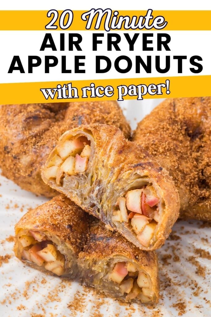 Sliced air fryer apple donuts made with rice paper, showing a diced apple filling and cinnamon coating, arranged on a plate.