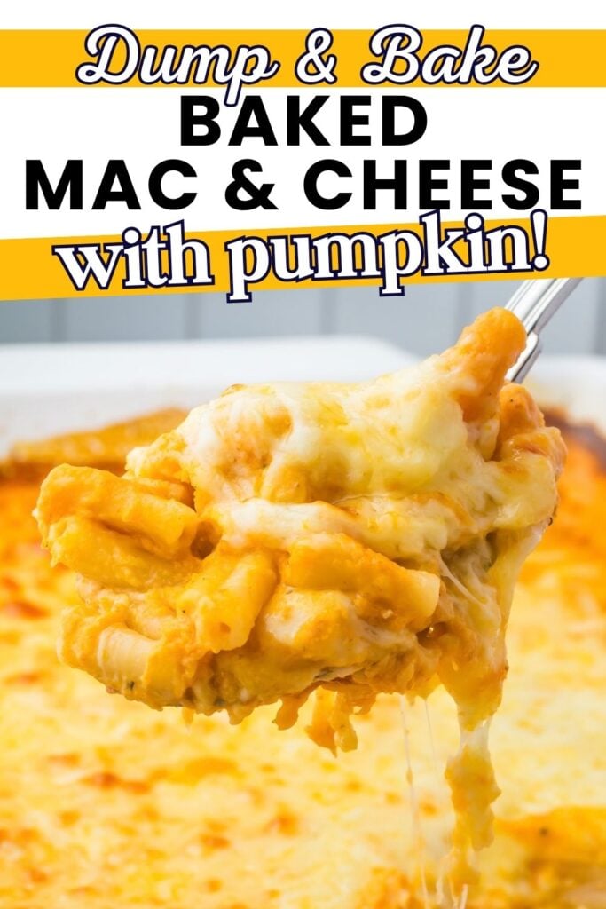 A spoon lifting cheesy baked macaroni and cheese with pumpkin from a casserole dish, with text that says dump & bake, baked mac & cheese, with pumpkin!.