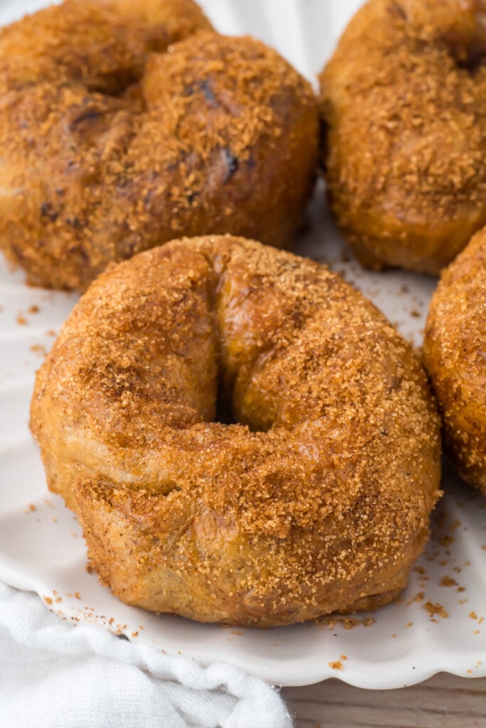 Four cinnamon sugar air fryer apple donuts are arranged on a white plate, with a light dusting of cinnamon sugar scattered around them.