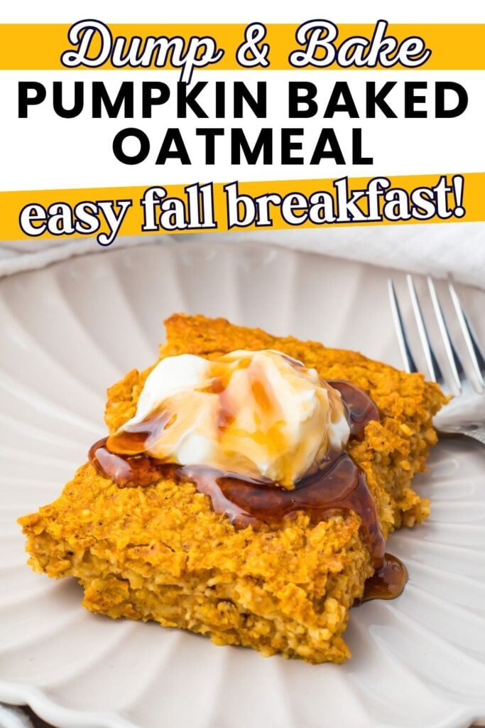 A slice of pumpkin baked oatmeal topped with whipped cream and syrup sits on a plate next to a fork.